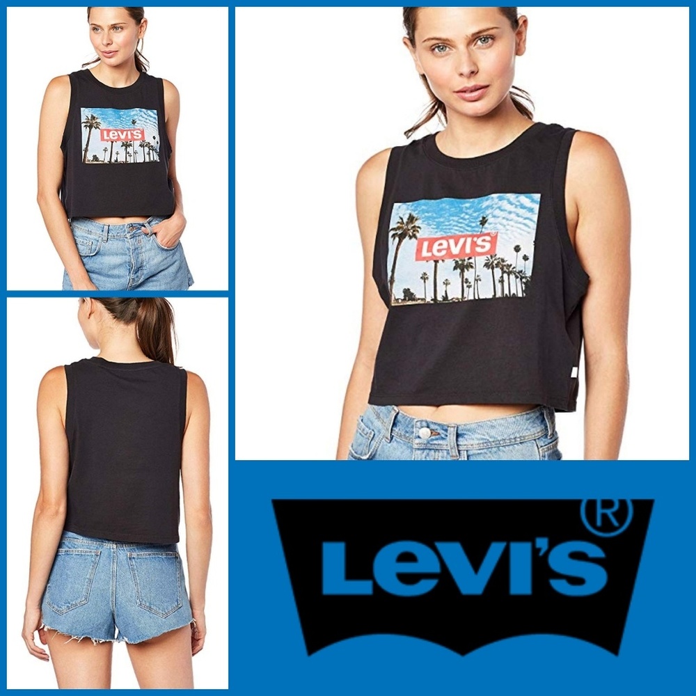Levi's Palm Trees Black Crop Top Blue Sky Red Logo